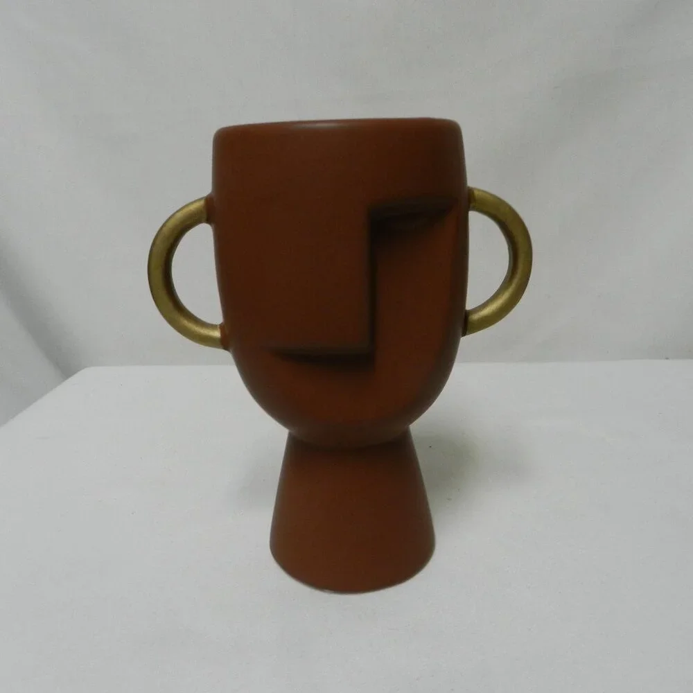 Abstract Face Ceramic Vase double handles brown gold 7